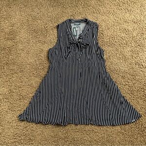 NWT~Navy & White Striped Sleeveless Tie Neck Fi & Flare Dress, ModCloth, 1X ⚓️